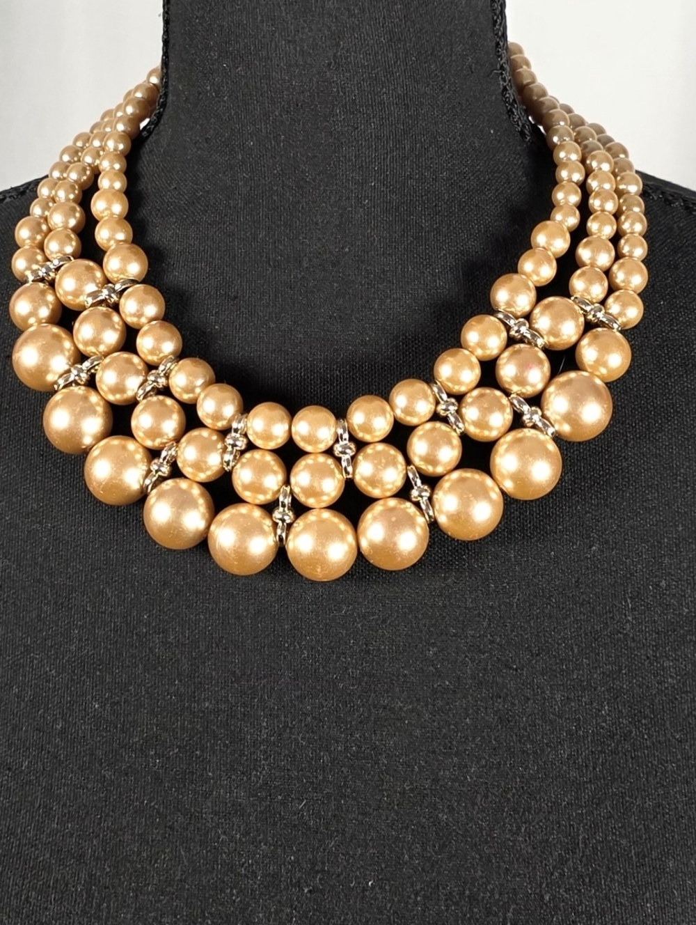 Gold Pearl Statement Necklace Multi Strand Chunky Beaded Bib Collar